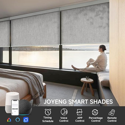 Motorized Light Filtering Roller Shades with Remote Control, Electric Smart Shades Compatible with Alexa and Google, Rechargeable, Customizable Size (Flax Gray)
