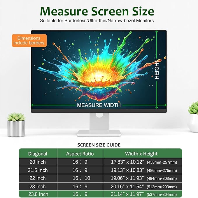 [2-Pack] 23.8 Inch Reusable Nano Bezel Anti-Glare Computer Privacy Screen for Monitor, 16:9 Aspect Ratio, Residue-Free Removable Anti-Spy Filter, Eye Protection Anti-Blue Light Desktop Security Shield