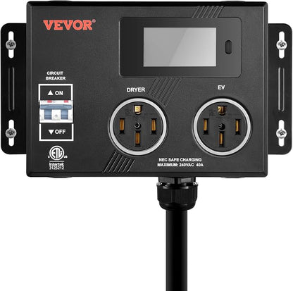 VEVOR NEMA Splitter for Dryer and EV, 3-Color LED Indicator, 240V Smart Power Distribution, with NEMA 14-50 Plug, Two NEMA 14-50 Outlets, 3.4 in LCD Screen, Max 40A Dryer EV, Tested to ETL Standard