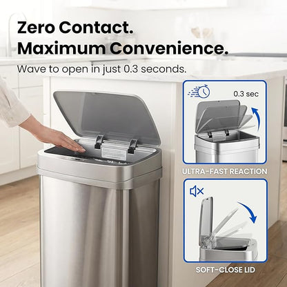 Ninestars 13 Gallon Odor Neutralizing Smart Trash Can, UV + Ozone Dual Purification, Odor Control Motion Sensor Garbage Bin, Universal Power Adapter, ONT-50-81SL Stainless Steel, Silver, Nova Series