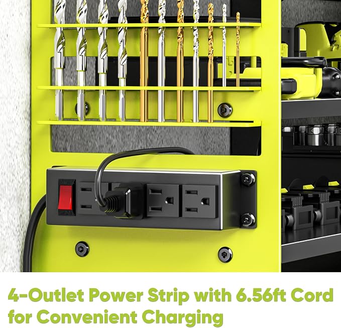 POKIPO Upgrade Power Tool Organizer Wall Mount with Charging Station,4 Layer Heavy Duty Metal Storage Rack Loads 600lbs with 8 Cordless Drill Holder,4 Outlet Power Strip Battery Utility Rack for Man