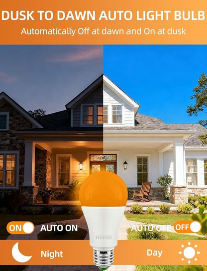 HEKEE Dusk to Dawn Light Bulbs A19 8W 900 Lumens, Outdoor Porch Lights, 60 Watt Equivalent, Amber LED Orange-Yellow Sensor Bulb, Security Bulb(Auto On/Off), E26 Screw Base(4 Pack)