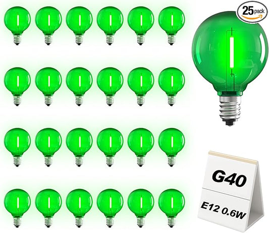 25 Pack Green G40 LED Bulbs, Commercial Grade E12 Base Replacement Bulbs for Outdoor Patio String Lights - 0.6W LED Globe Light Bulb (5W Equiv), Shatterproof Plastic for Holiday & Events (120V)