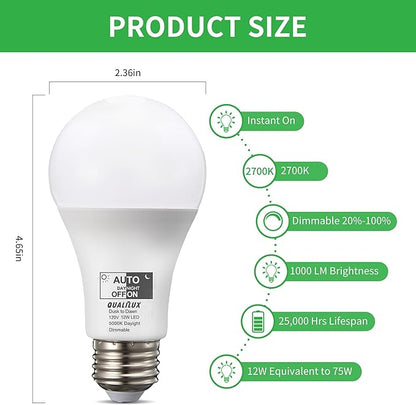 Qualilux Dusk to Dawn Light Bulbs, Auto On/Off Light Sensing LED Bulbs Outdoor, Daylight, Dimmable, 12W 1000LM 75W Equivalent, HQ-H029
