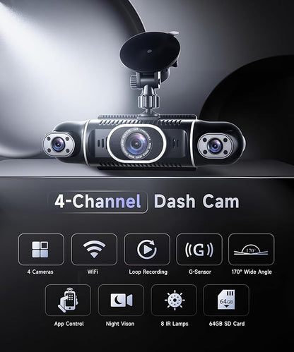 360° Dash Cam Front/Rear/Inside/Side 4-Channel Dash Camera FHD 2K+1080P×3 Car Dash Cam with WiFi, APP Control, 64GB SD Card Included, 8 IR Night Vision, G-Sensor, 24/7 Parking Mode