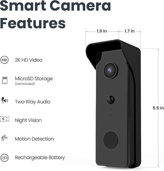 Feit Electric Smart Video Doorbell Camera, 2.4GHz Wi-Fi, No Hub, Two-Way Audio, Advance Motion Detection, 16ft. Night Vision, 2K HD Video, Micro SD Card Storage, Chime Included, Battery Powered Design