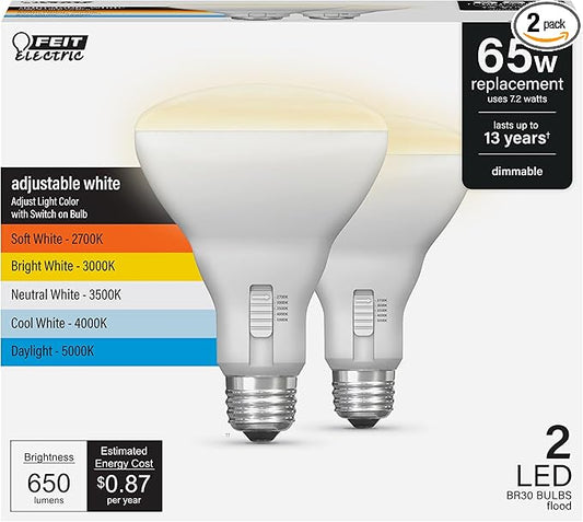 Feit Electric BR30 LED Light Bulb, 65W Equivalent, Dimmable, 5CCT, E26 Medium Base, 90 CRI, 650 Lumens, Adjustable White, 13 Years Lifetime, 2 Pack, BR3065DM5CCTCA15K/2