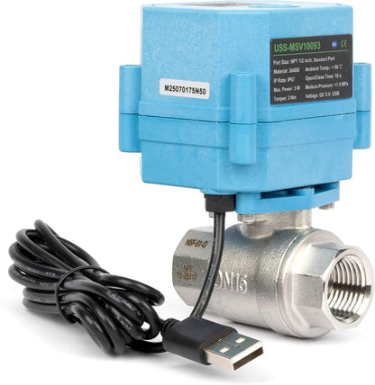 Motorized Ball Valve 1/2 in NPT U.S. Solid WiFi Smart 304 Stainless Steel 2-Way Electric Actuated USB Powered NSF Certified for Water Irrigation