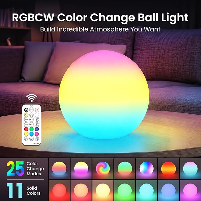 LOFTEK 12-inch LED Ball Night Light, Rechargeable Table Lamp with Remote | 25 Modes, 11 RGB Colors Orb Light, Dimmable, Cordless & Timer, Ambient Lighting for Home Bedroom Patio Decorative Lighting