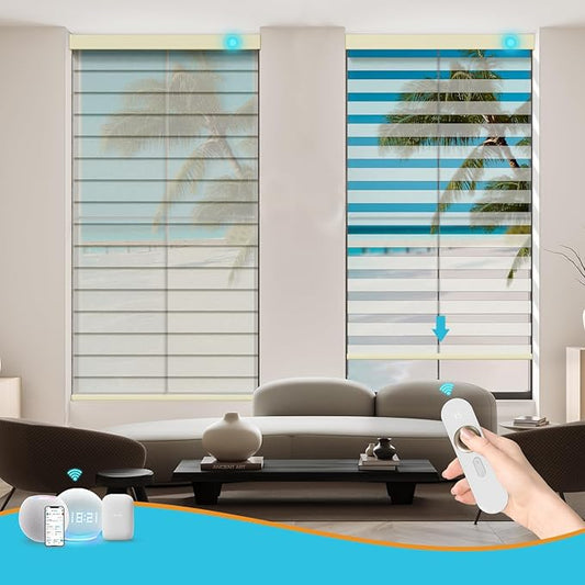 Motorized Zebra Blinds with Remote, Work with HomeKit Alexa, Smart Light Filtering Horizontal Automatic Electric Window Shades for Home Office Customsize(55% Blackout Treebark Beige)