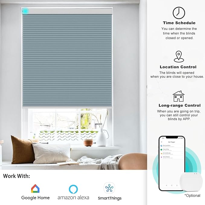Changshade Blackout Smart Blinds Cellular Shades for Windows Doors Motorized with Remote Control, Custom Size Automatic Honeycomb Blind Electric Power Compatible with Alexa, Google Home, Blue