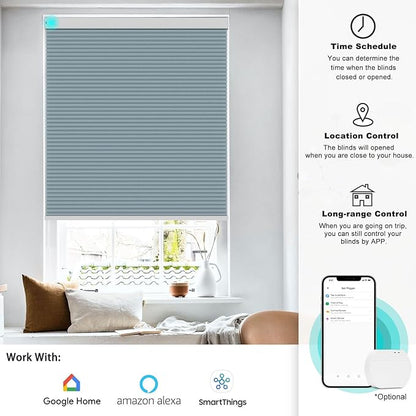 Changshade Blackout Smart Blinds Cellular Shades for Windows Doors Motorized with Remote Control, Custom Size Automatic Honeycomb Blind Electric Power Compatible with Alexa, Google Home, Blue