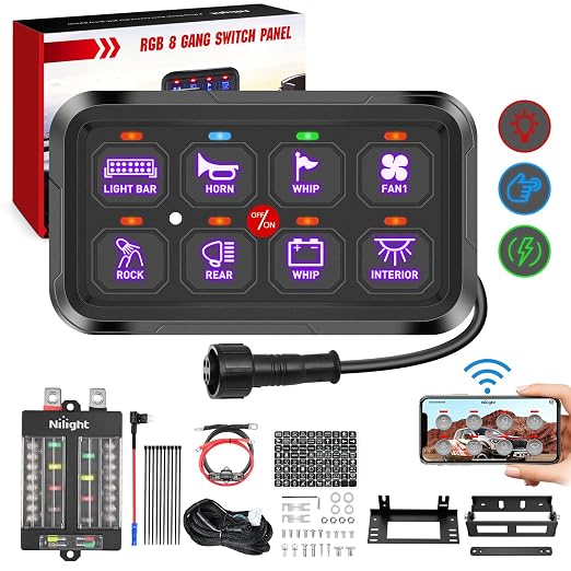 Nilight 8 Gang Switch Panel Relay System w/APP Control Automatic Dimmable | RGB Backlight Panel Circuit Control Fuse Wiring Harness ON Off LED Switches Pod for 12V 24V Cars Trucks Campers SUV