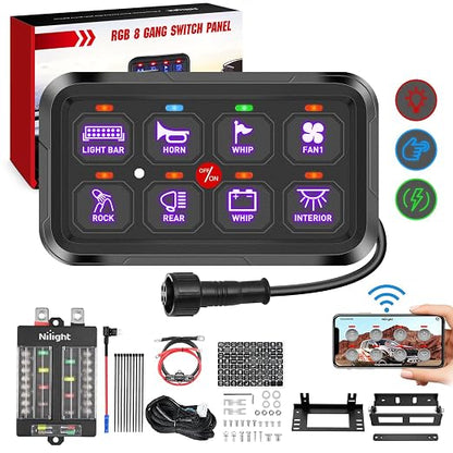 Nilight 8 Gang Switch Panel Relay System w/APP Control Automatic Dimmable | RGB Backlight Panel Circuit Control Fuse Wiring Harness ON Off LED Switches Pod for 12V 24V Cars Trucks Campers SUV