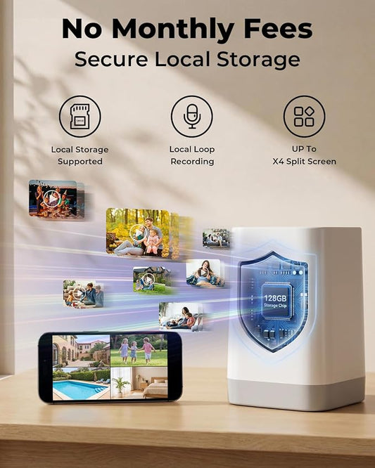 No Monthly Fee Solar Security Camera System with Home Hub, 4 Pack 4MP 360° PTZ Wireless Outdoor Cameras, Local Storage, Color Night Vision, 5GHz & 2.4GHz WiFi for Home Exterior, IP66