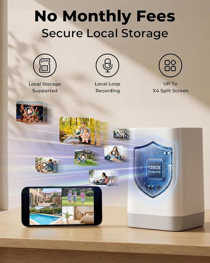 No Monthly Fee Solar Security Camera System with Home Hub, 2 Pack 4MP 360° PTZ Wireless Outdoor Cameras, Local Storage, Color Night Vision, 5GHz & 2.4GHz WiFi for Home Exterior, IP66