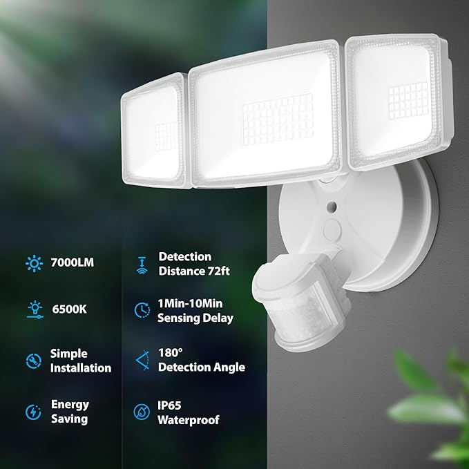 Onforu 3 Pack 75W Motion Sensor Outdoor Lights, 7000lm Dusk to Dawn Flood Light, LED Security Light with 3 Head, IP65 Waterproof Exterior Floodlight, 6500k Wall Light for Entryway Stairs Yard Garage