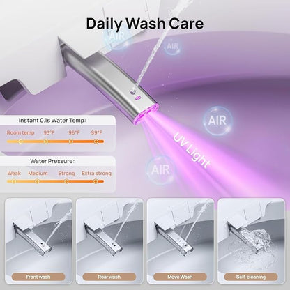 Smart Toilet with Bidet Built-in: Auto Dual Flush Bidet Toilet with Dryer, 4 Wash Options, One Piece Toilet with Child Mode, Heated Seat, Foot Sensor, UV-C Night Light, Pre Wet, Manual Lid/Seat