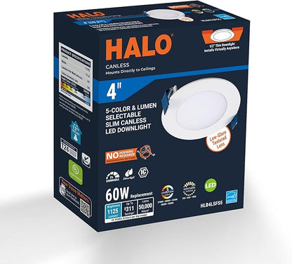 HALO HLB 4 inch LED Recessed Ceiling Light Canless Dimmable with Selectable Lumens and Selectable Color 27/30/35/40/5000K Wet Location Airtight Ultra Slim Indoor Outdoor HLB4LSFS5