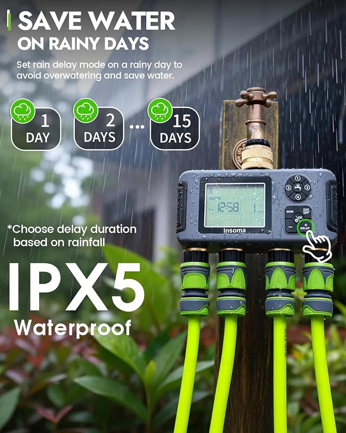 Insoma 4-Zone Water Timer for Garden Hose, Brass Inlet & Outlet | 4 Independent Zones, Programmable Schedules, Rain Delay/Manual Mode, IPX5 Waterproof, Large Display, for Garden, Lawn
