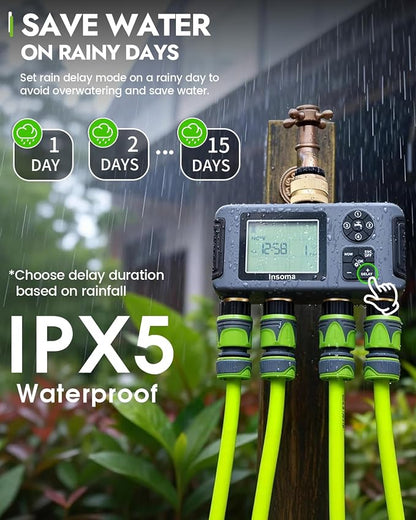 Insoma 4-Zone Water Timer for Garden Hose, Brass Inlet & Outlet | 4 Independent Zones, Programmable Schedules, Rain Delay/Manual Mode, IPX5 Waterproof, Large Display, for Garden, Lawn