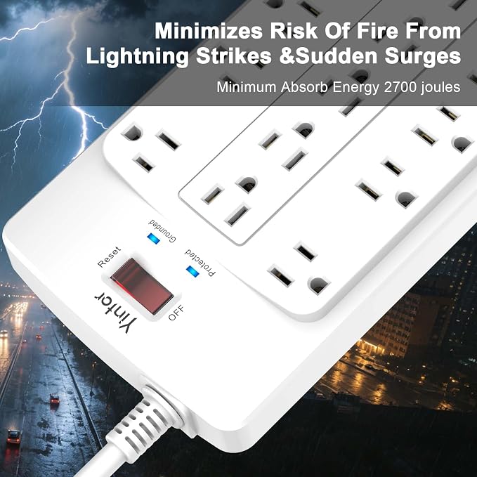 Yintar 10Ft Surge Protector Power Strip with 18 Outlets and 4 USB Ports | 10 Feet Flat Plug Heavy Duty Extension Cord with Multiple Outlets for Home, Office, Dorm Essentials, 2100 Joules, ETL, White
