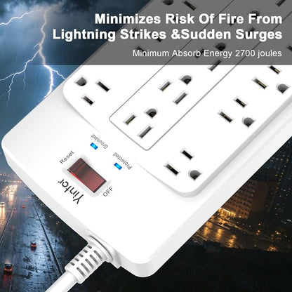 Yintar 10Ft Surge Protector Power Strip with 18 Outlets and 4 USB Ports | 10 Feet Flat Plug Heavy Duty Extension Cord with Multiple Outlets for Home, Office, Dorm Essentials, 2100 Joules, ETL, White