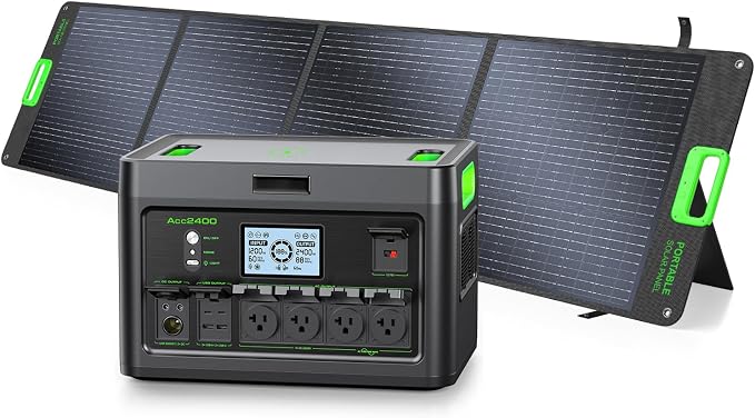 2400W Home Emergency Power Station with 200W Foldable Solar Panel Blackout Backup Generator