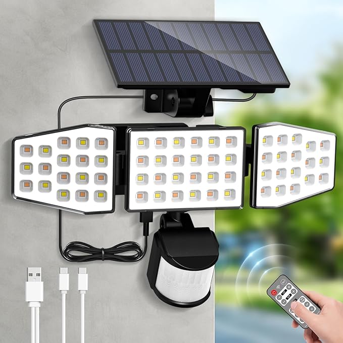 ALUSSO Solar Lights Outdoor Motion Sensor 400LM, LED Security Lights with Remote, 3 Modes (Dusk to Dawn/Auto/On Time), CCT 3000K-6500K Waterproof Flood Light for Garden Yard Garage, 1 Pc Black