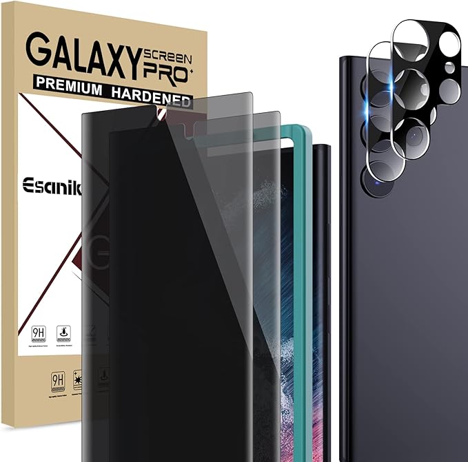 Esanik [2+2 Pack] Privacy Screen Protector for Samsung Galaxy S22 Ultra 6.8-inch [NOT for S22 Plus/S22] Anti Spy PET Film(NOT Glass) with Easy Installation Frame + Camera Lens Protector Fingerprint ID Compatible