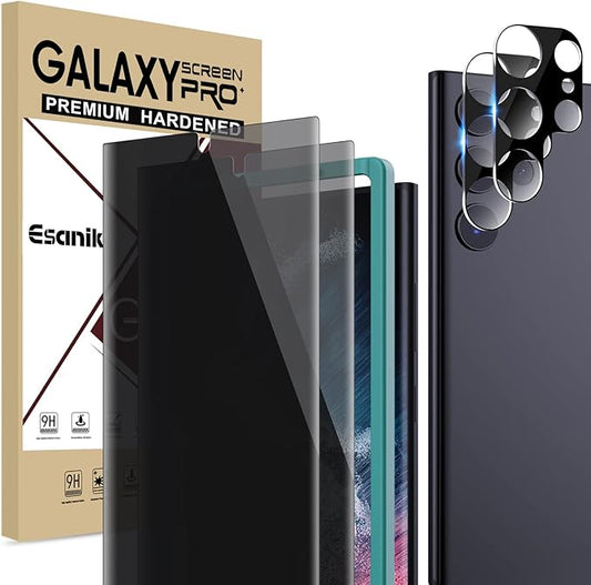 Esanik [2+2 Pack] Privacy Screen Protector for Samsung Galaxy S22 Ultra 6.8-inch [NOT for S22 Plus/S22] Anti Spy PET Film(NOT Glass) with Easy Installation Frame + Camera Lens Protector Fingerprint ID Compatible