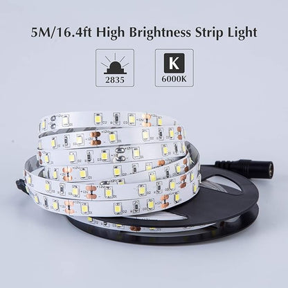 White LED Strip Lights, Waterproof cuttable 300 SMD 2835 LED Tape, 6000K 12V Flexible Ribbon, Kitchen Cabinet Lighting, Outdoor/Indoor (White(16.4ft))