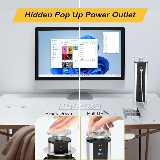 Pop Up Outlet for Countertop, Pop Up Socket with 3 AC Outlets and 2 PD 20W USB-C & 1 USB-A Ports, Pull Pop Up Power Outlet for Kitchen Conference Office, 3-3/8 Inch(85MM) Hole Grommet Power Strip