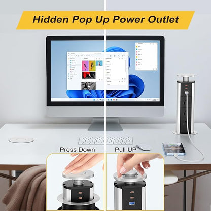 Pop Up Outlet for Countertop, Pop Up Socket with 3 AC Outlets and 2 PD 20W USB-C & 1 USB-A Ports, Pull Pop Up Power Outlet for Kitchen Conference Office, 3-3/8 Inch(85MM) Hole Grommet Power Strip
