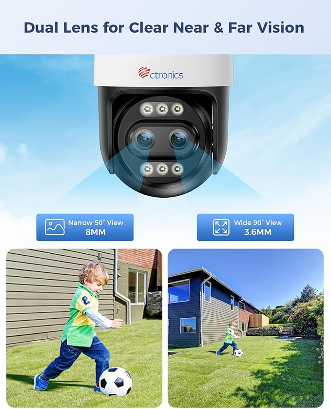 Ctronics [10X Hybrid Zoom 4K 8MP Security Camera Outdoor Metal, Dual-Lens, Auto Tracking & Zoom, 2.4/5GHz WiFi, AI Human/Vehicle/Animal Detection, 256GB TF/Cloud/FTP/NVR, Color Night Vision, IP66