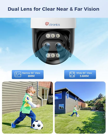 Ctronics [10X Hybrid Zoom 4K 8MP Security Camera Outdoor Metal, Dual-Lens, Auto Tracking & Zoom, 2.4/5GHz WiFi, AI Human/Vehicle/Animal Detection, 256GB TF/Cloud/FTP/NVR, Color Night Vision, IP66