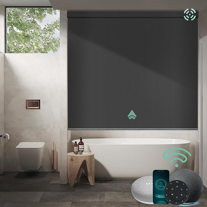 Yoolax Motorized Shower Roller Shades for Bathroom with Remote Control, Automatic Heavy Duty Thick Fabric Shower Curtain Compatible with Alexa, Blackout Battery Solar Powered Blind Custom (Dark Grey)
