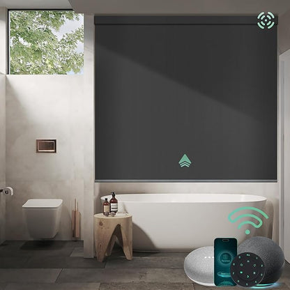 Yoolax Motorized Shower Roller Shades for Bathroom with Remote Control, Automatic Heavy Duty Thick Fabric Shower Curtain Compatible with Alexa, Blackout Battery Solar Powered Blind Custom (Dark Grey)