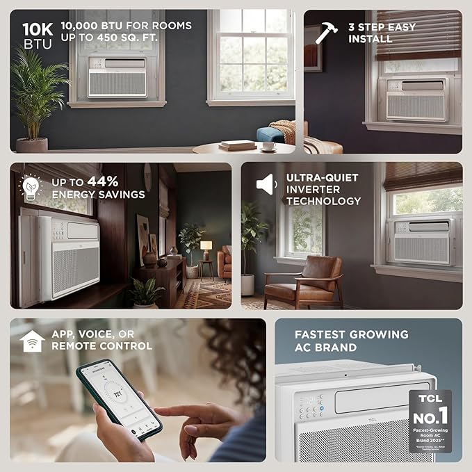 TCL 10000 BTU Q-Series Smart Inverter Window AC Unit, Best Quiet Energy Saving 115V Air Conditioner for Rooms up to 450-Sq. Ft., EZ Install, Control with Alexa, Google Assistant & TCL Home App