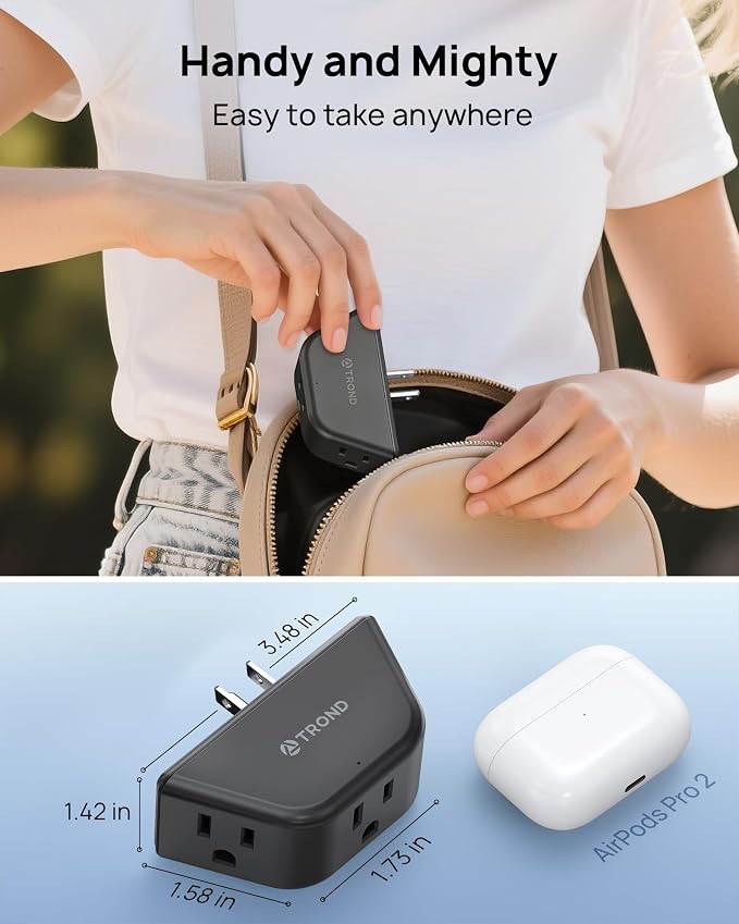 TROND Black Outlet Extender 2 Pack, 3 Plug Outlet Adapter | No Blocking with 3 Way Angled Design, Cruise Essentials, Small Multi Plug Expander for Home Travel Hotel Dorm Room, Black