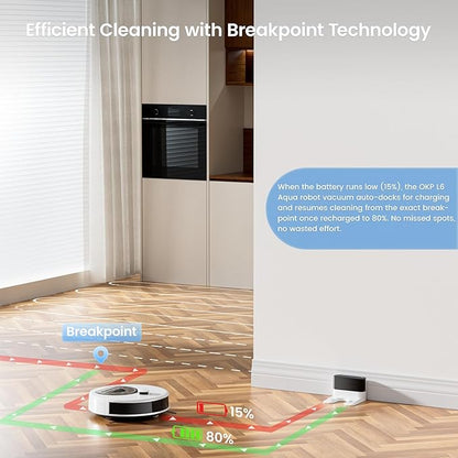 OKP Lidar Robot Vacuum and Mop Combo, 6000Pa Automatic Robotic Vacuum, Smart Mapping, 3.7 inch Thin, 150 Min Max, 5G WiFi/App/Alexa Control, Ideal for Pet Hair, Hardfloors, Carpets, Home(L6 Aqua)