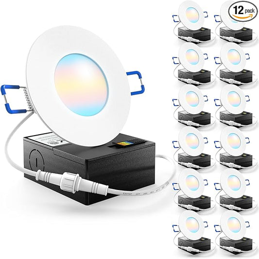 Sunco 12 Pack 3 Inch LED Recessed Lights, Ultra Thin Ceiling Lighting, 500 LM, 8W (50W Equivalent), Selectable C2700K/3000K/4000K/5000K/6000K, Dimmable, Wafer Thin, Canless with Junction Box