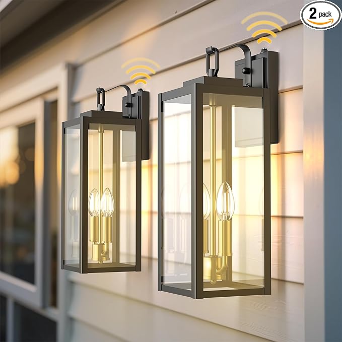L LOHAS LED 18" Dusk to Dawn Outdoor Wall Lights, 2-Light Black and Gold Outdoor Wall Sconce Lantern with Clear Glass, Tall Transitional Exterior Light Fixtures for Porch, Garage, ETL Listed, 2 Pack