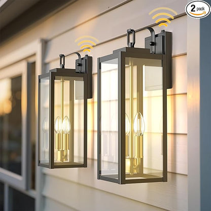 L LOHAS LED 18" Dusk to Dawn Outdoor Wall Lights, 2-Light Black and Gold Outdoor Wall Sconce Lantern with Clear Glass, Tall Transitional Exterior Light Fixtures for Porch, Garage, ETL Listed, 2 Pack