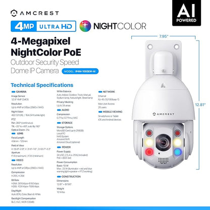 Amcrest 4MP Outdoor PTZ POE+ 802.3at AI IP Camera Pan Tilt Zoom (Optical 25x Motorized), Face Detection, High Speed Auto Tracking, Video MetaData Monitoring, 492ft IR Night Vision, IP4M-1093EW-AI