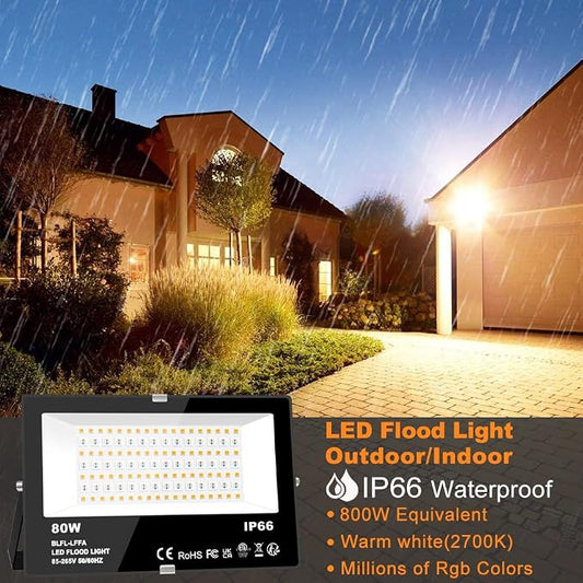 LED Flood Light Outdoor 800W Equivalent 8000LM Smart RGB Landscape Lighting | APP Control, DIY Scenes - Timing - Warm White 2700K - Color Changing Uplight, IP66 Waterproof US Plug (2 Pack)