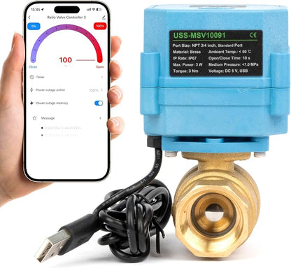 U.S. Solid WiFi Smart Motorized Ball Valve 3/4 inch NPT for Water Control & Irrigation, 2 Way Brass Electric Valve, USB Powered, LED Status Indicator, Flow Direction Window, Remote On/Off Control