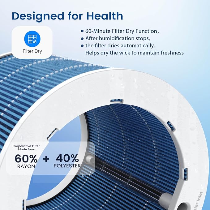 Powerscale MF6 Smart Evaporative Humidifiers for Bedroom, 1.8 Gal Top-Fill, Up to 700mL/h Mist-Free Output, WiFi Smart Touchscreen Control, Auto Filter Dry, Electrolysis Self-Clean, Quiet Sleep Mode