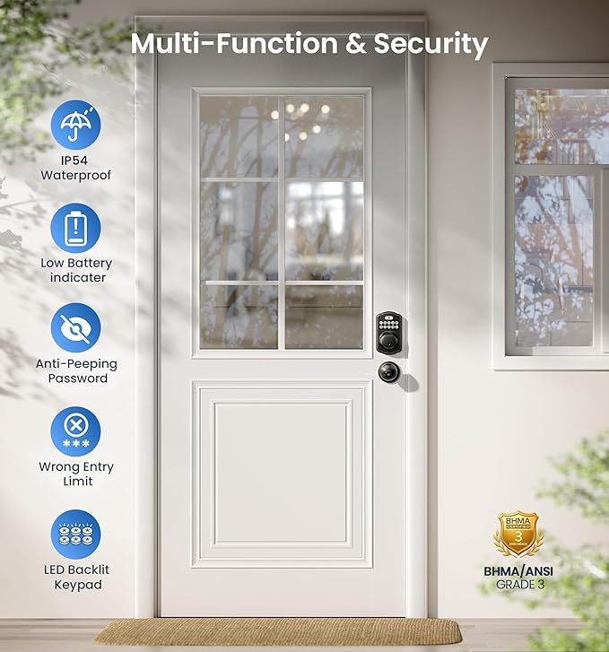 Veise Fingerprint Door Lock with 2 Knobs - Keyless Entry Door Lock with Handle, Electronic Keypad Deadbolt, Smart Front Handle Set, Auto-Locking, Waterproof, Easy Installation, Matte Black