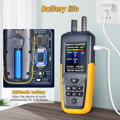 Dust Particle Counter High Sensitivity 3-Channel PM0.3/2.5/10 um Air Quality Monitor 0~1000μg/m³ USB Rechargeable Data Transfer/Temperature and Humidity Monitor
